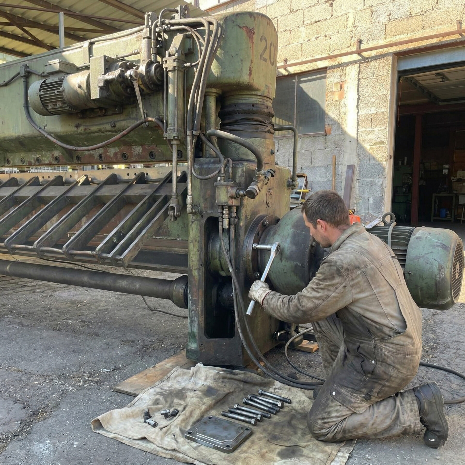 Ein Mechaniker in Arbeitskleidung kniet auf dem Boden und führt Wartungsarbeiten an einer massiven, olivgrünen Industriemaschine durch. Mit einem großen Ratschenschlüssel löst er Bolzen an einem runden Maschinenteil, während weiteres Werkzeug und demontierte Schrauben ordentlich auf einer Unterlage bereitliegen.