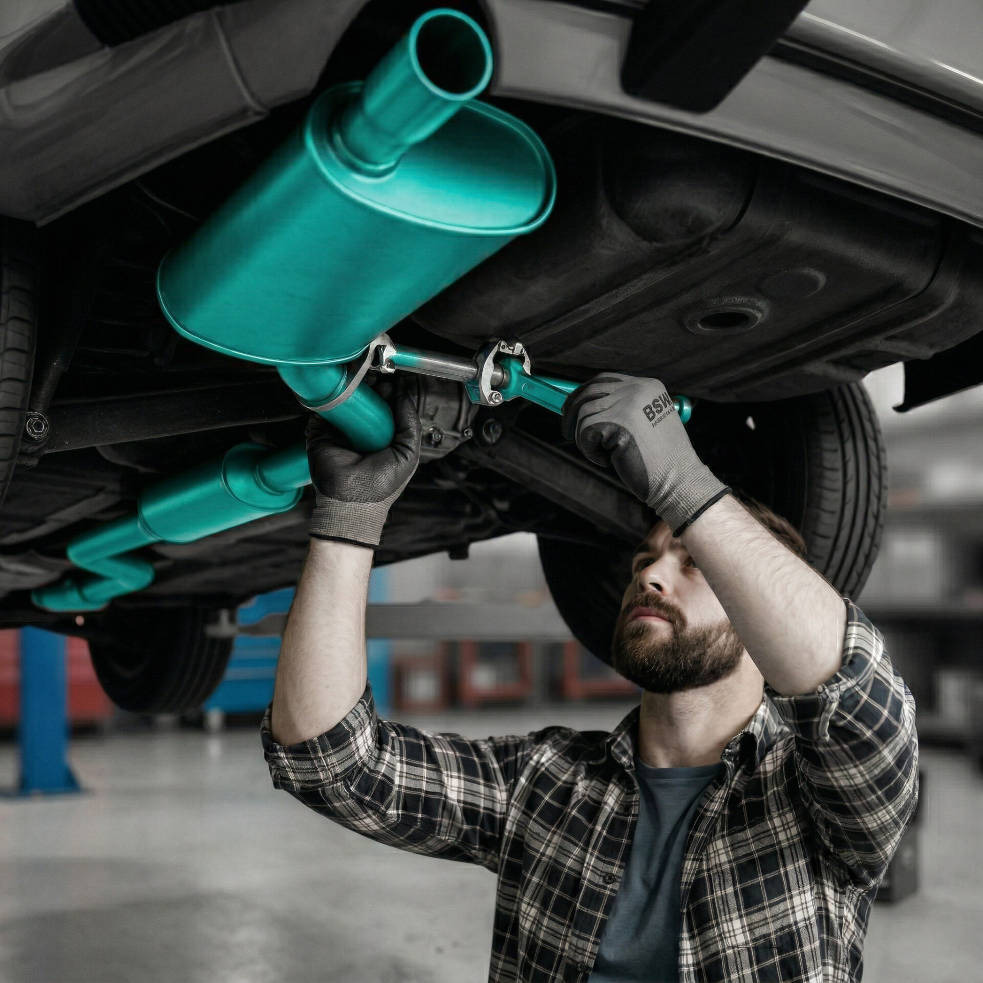 Ein Mechaniker arbeitet mit Schutzhandschuhen unter einem Fahrzeug an der Abgasanlage. Die gesamte Auspuffanlage inklusive Endschalldämpfer ist in einem auffälligen Türkis hervorgehoben, während der Rest des Bildes in entsättigten Grau- und Brauntönen gehalten ist.