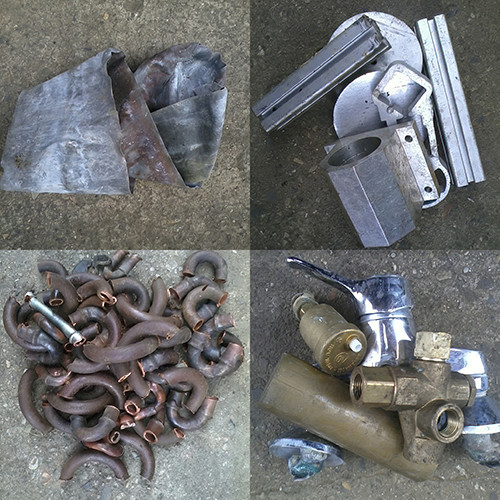Eine vierteilige Bildmontage von Jungkurth zeigt verschiedene Sorten von Metallschrott auf grauem Betonboden. Oben links ist gefaltetes Blei zu sehen, oben rechts glänzende Aluminium-Profile und Formteile. Unten links liegen zahlreiche gebogene Kupferrohr-Stücke, und unten rechts sind verschiedene Messing-Armaturen und Bauteile abgebildet.